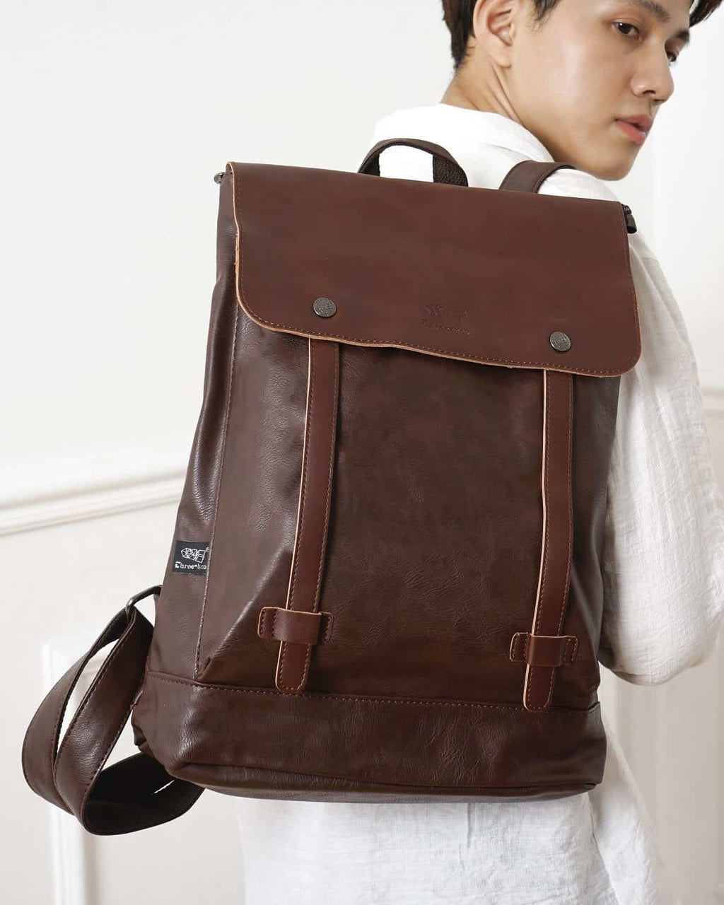 THREE-BOX Long-Neck Classic Chic Leather Backpack Slim 15.6" Laptop Backpack