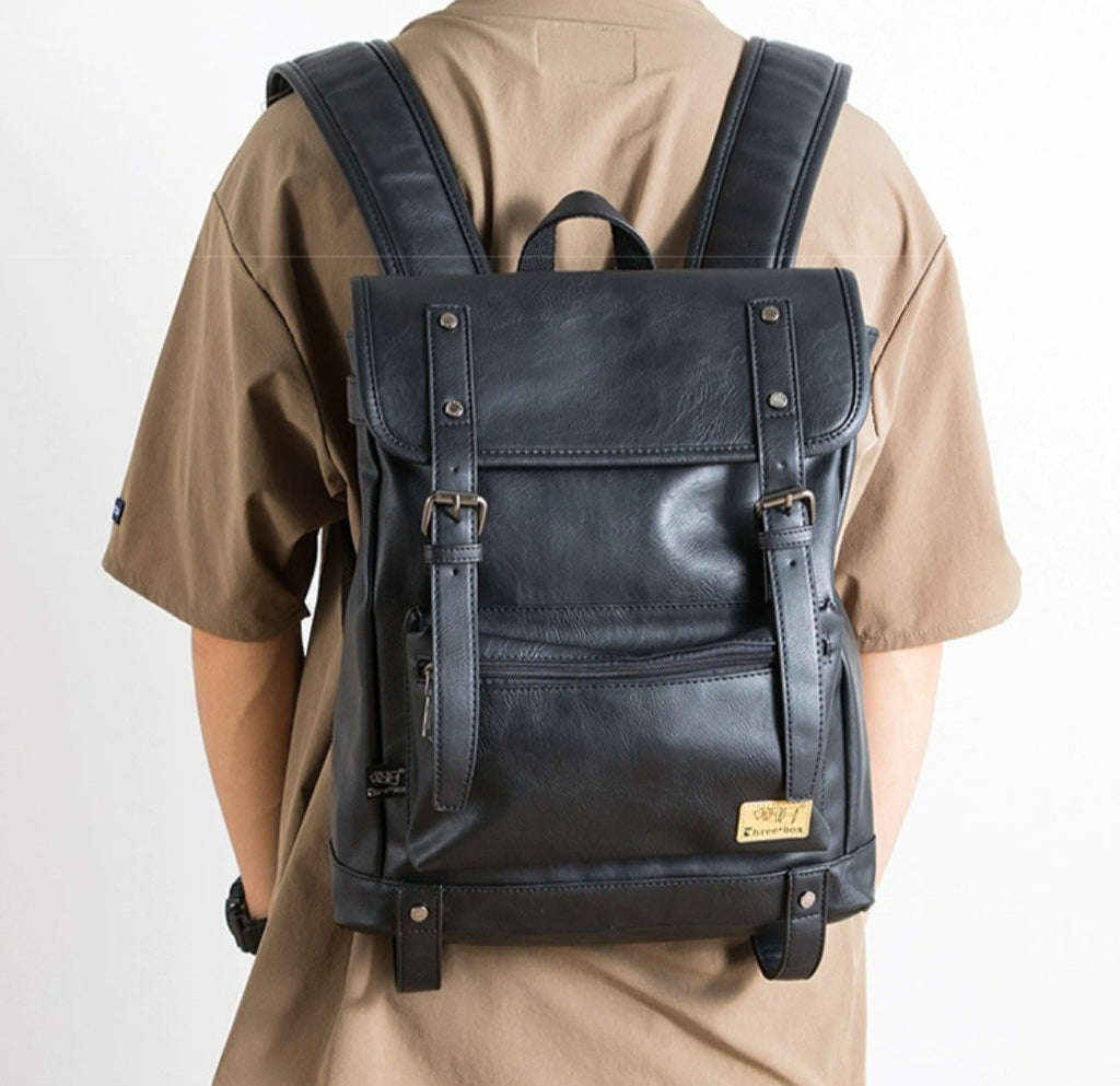 THREE-BOX 15.6" Laptop Large Capacity Unisex Leather Backpack
