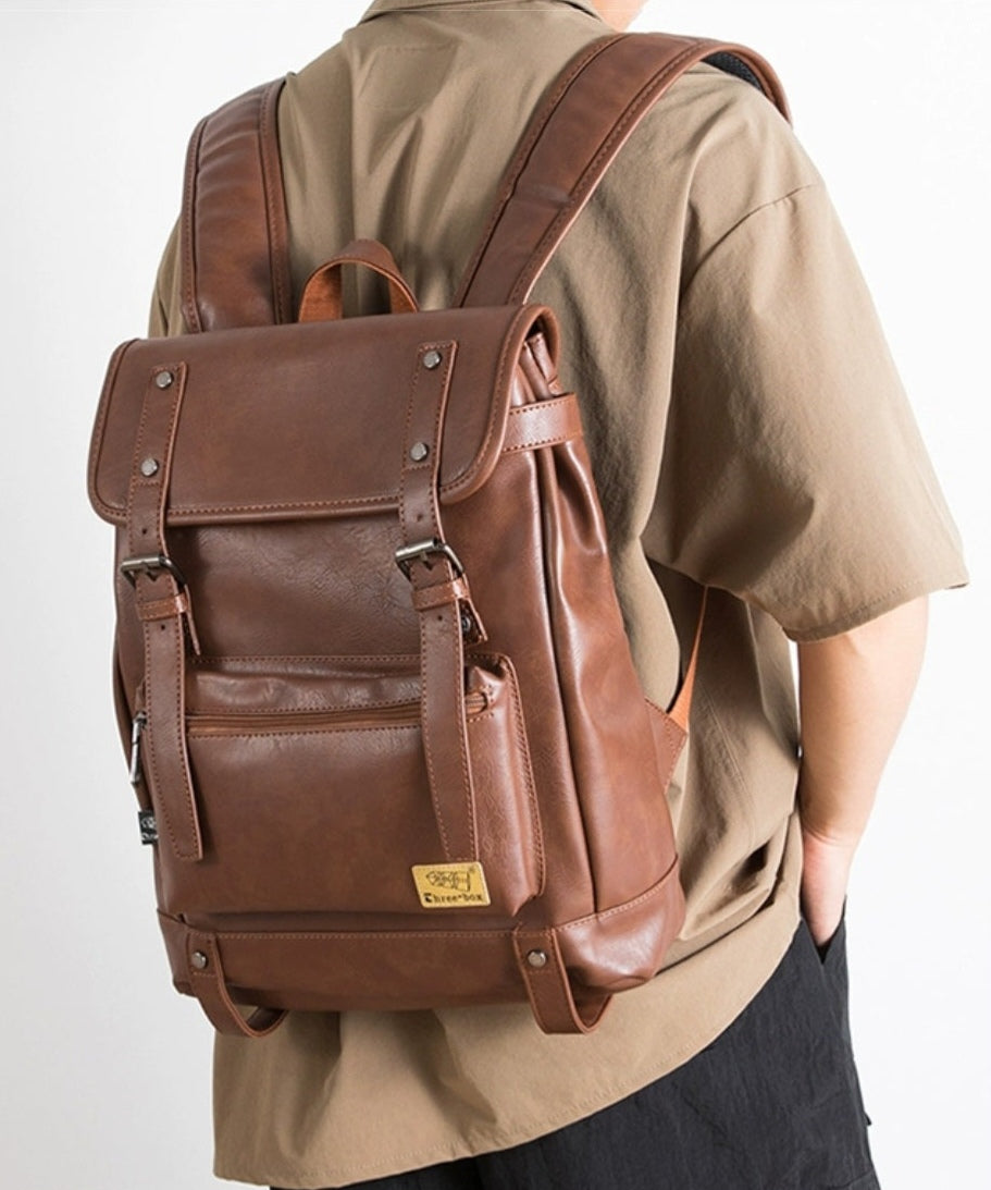 THREE-BOX 15.6" Laptop Large Capacity Unisex Leather Backpack