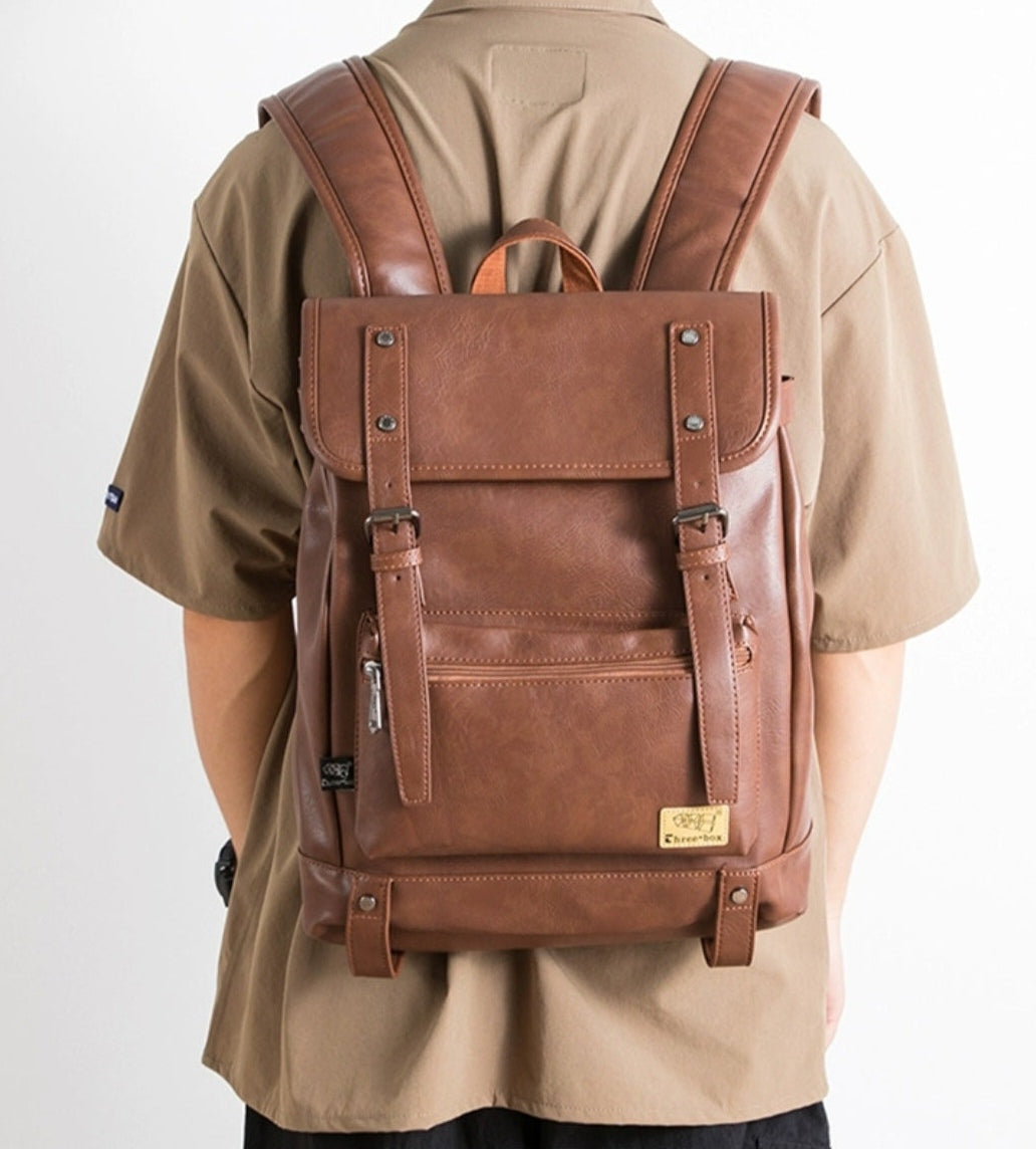THREE-BOX 15.6" Laptop Large Capacity Unisex Leather Backpack