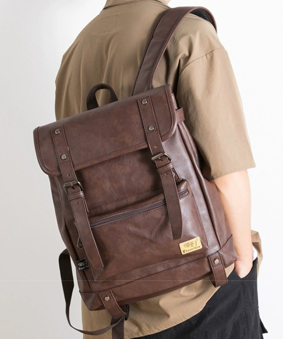 THREE-BOX 15.6" Laptop Large Capacity Unisex Leather Backpack