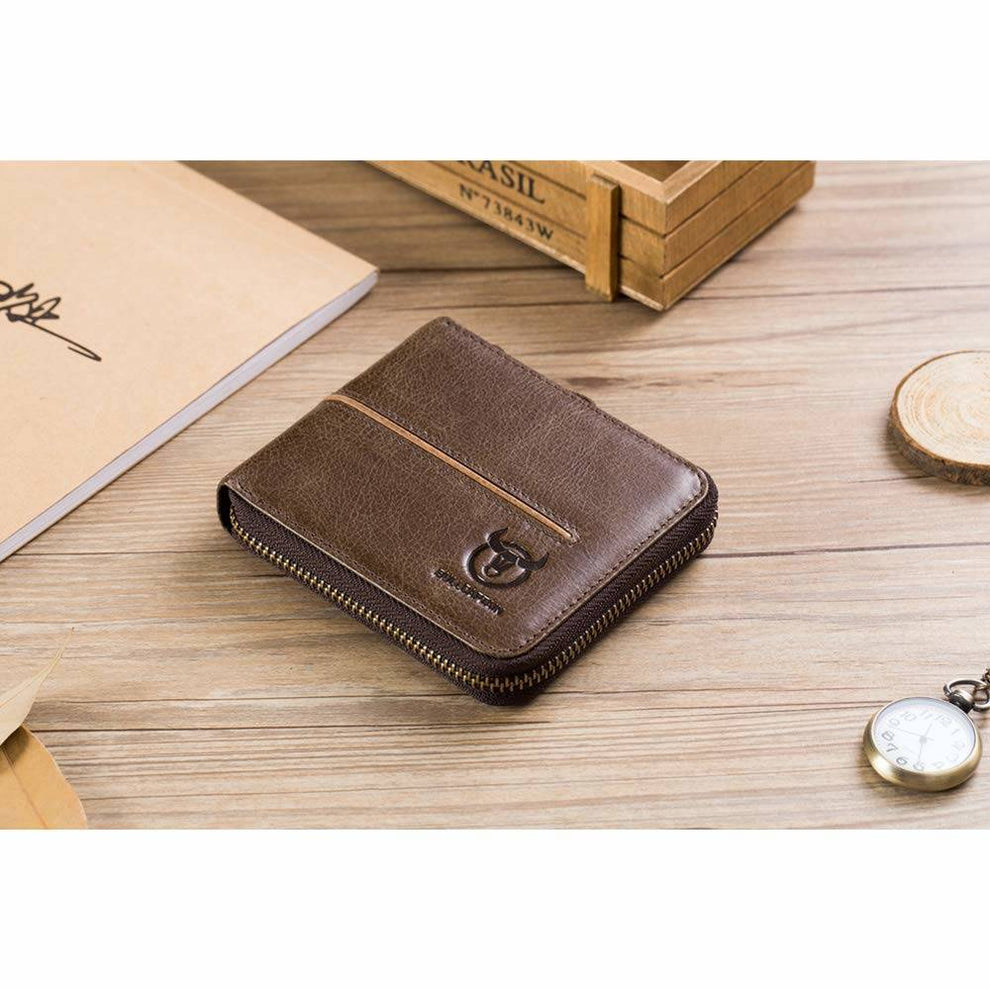 BULLCAPTAIN Genuine Leather Bi-Fold Zipper Wallet