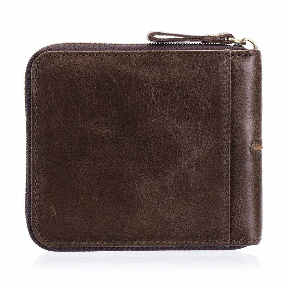 BULLCAPTAIN Genuine Leather Bi-Fold Zipper Wallet