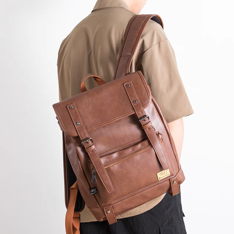 THREE-BOX 15.6" Laptop Large Capacity Unisex Leather Backpack