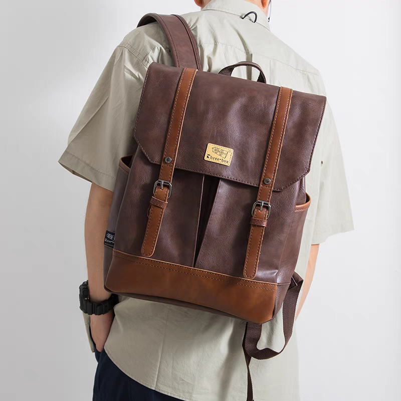 THREE-BOX Classic Chic Leather Backpack 14" Laptop Backpack