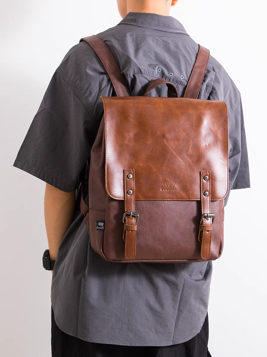 THREE-BOX Classic Chic Old-School Leather Backpack 14" Laptop Backpack