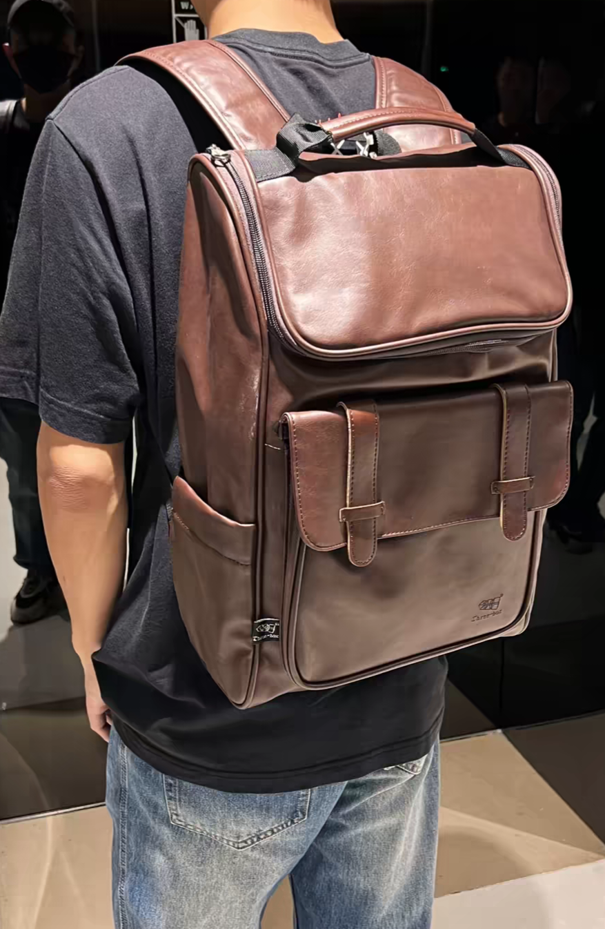 THREE-BOX 15.6"Laptop Large Capacity Unisex Leather Backpack